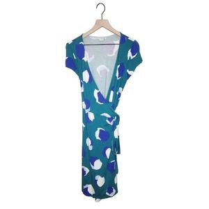 Boden Collage Spot Jersey Wrap Dress Women’s Sz 12L Knee Length Green Blue White